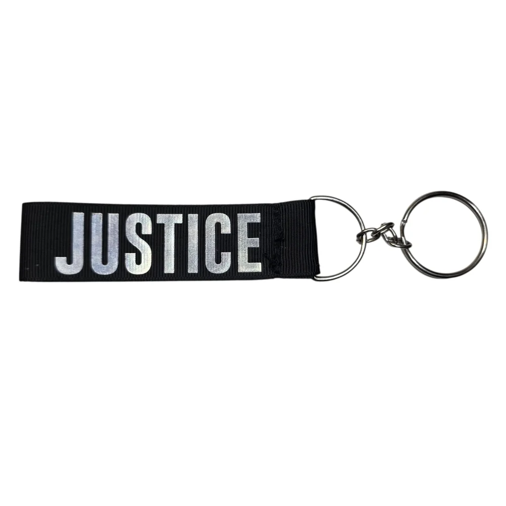 Justice Keychain Bag Charm Black & Silver Fabric Wrist Strap Unisex Accessories